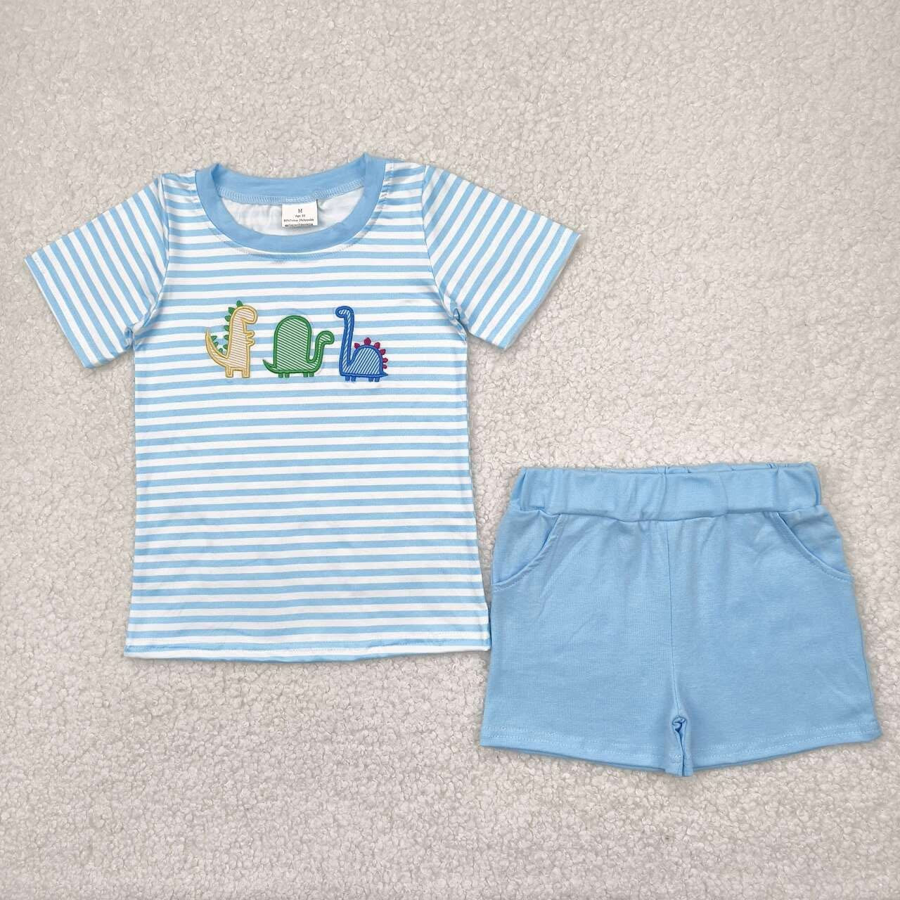 Blue Striped Dino Short Set