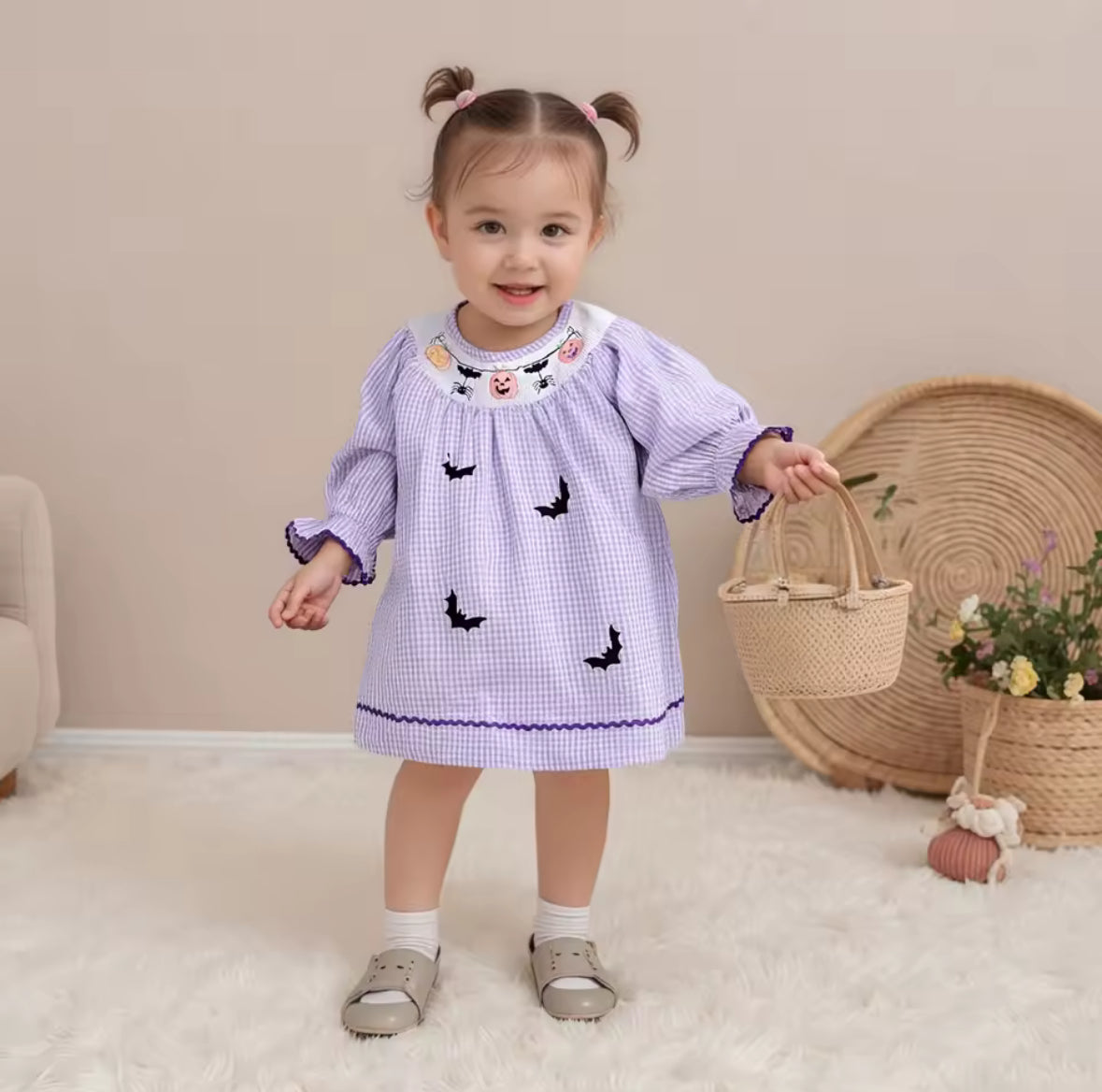 Preorder - Purple Bat Garland Smocked Dress - ETA September