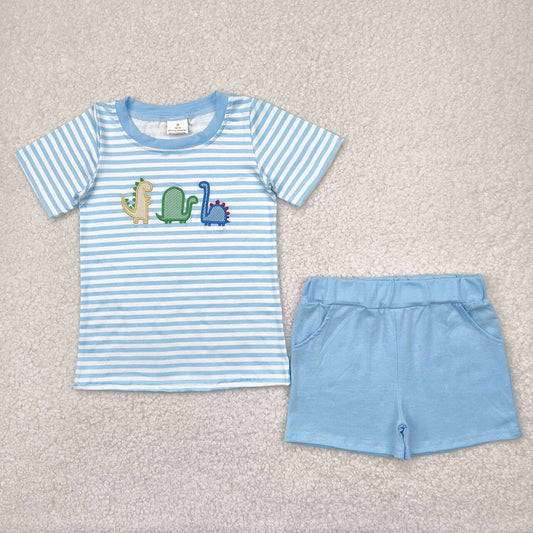 Blue Striped Dino Short Set