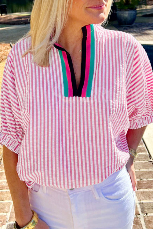 Pink Striped Contrast Blouse